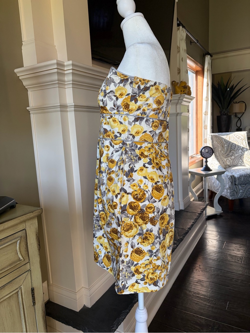 B. Smart Yellow/Gray Floral Strapless Sundress Sz 10 Cotton Pockets Vintage Y2K - Picture 9 of 10